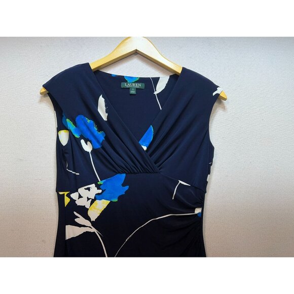 Lauren Ralph Lauren Womens Ruched Wrap V Neck Dress Cap Sleeve Sz 4P Navy Floral - Picture 4 of 10